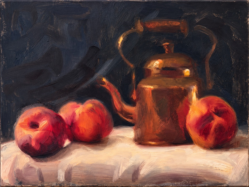 Copper kettle and three red fruits on pale cloth