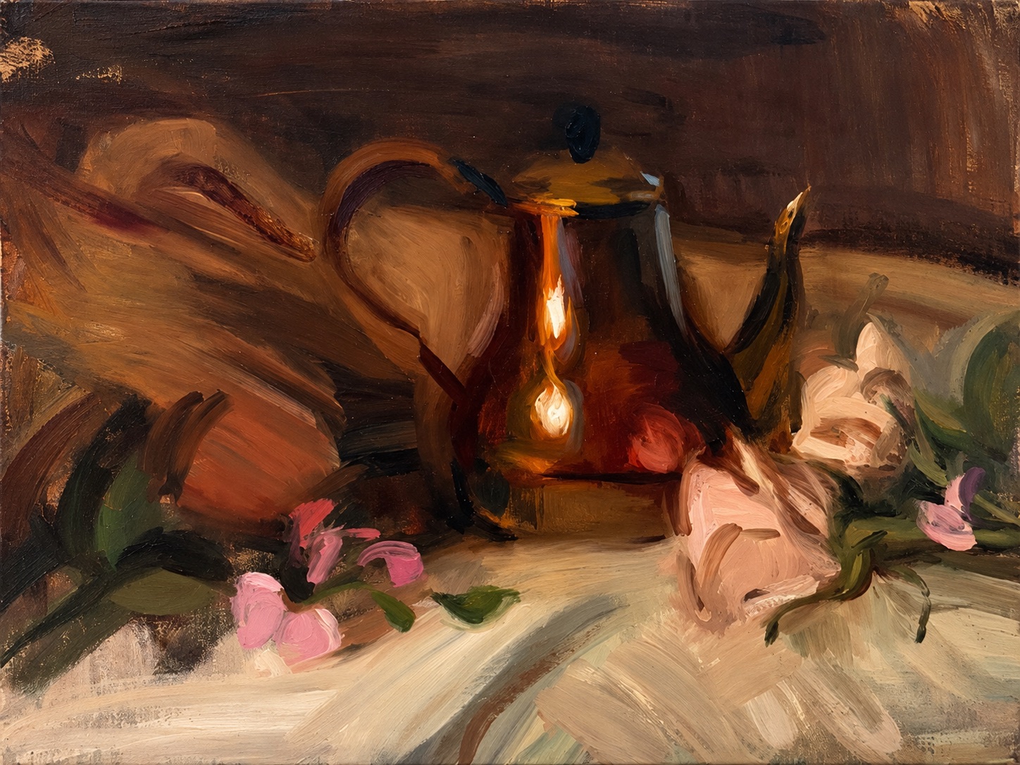 Painting of a copper kettle with pink flowers