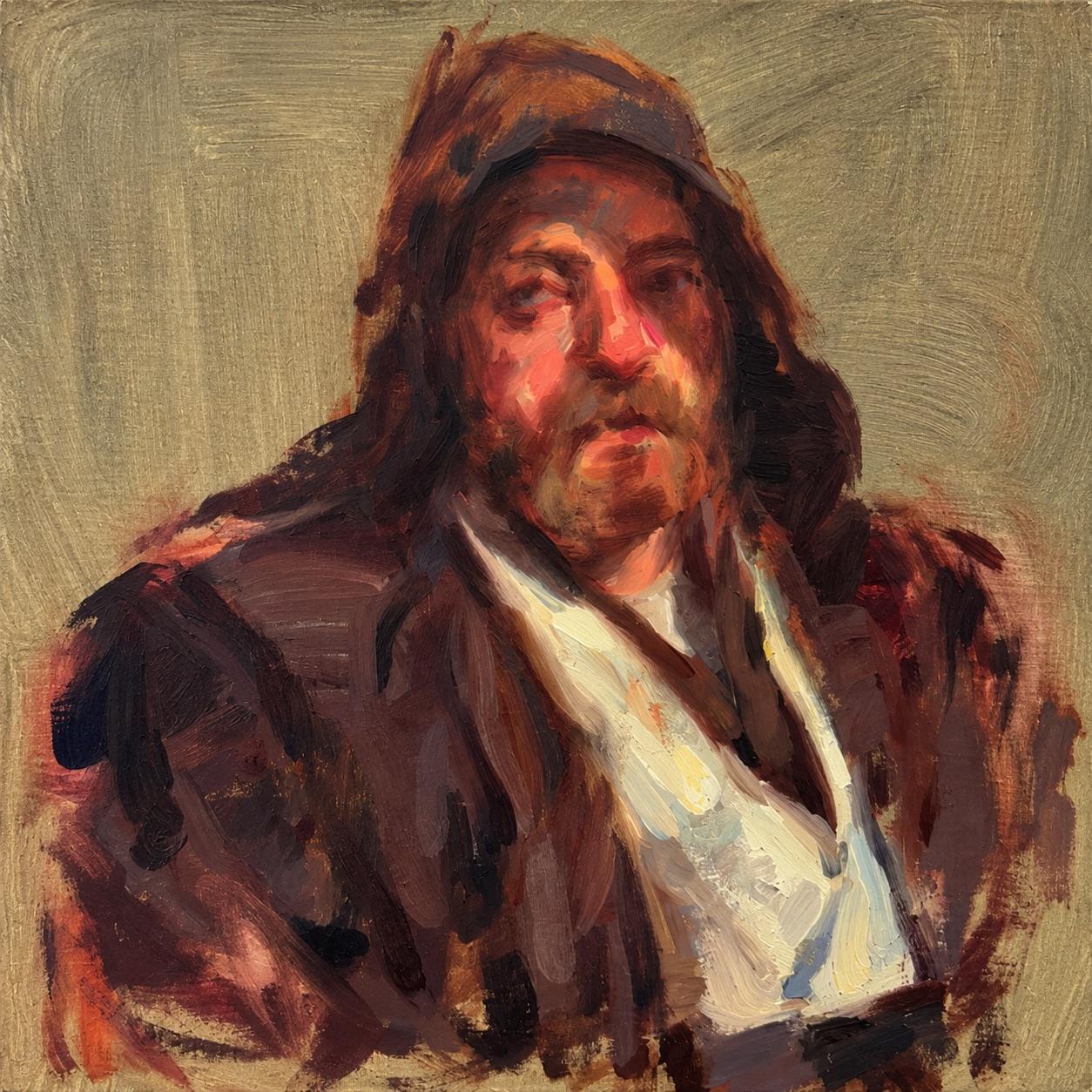 Painted portrait of a bearded man in a cap