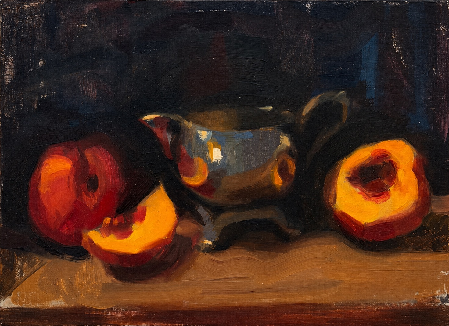 Painting of peaches and a metal cup