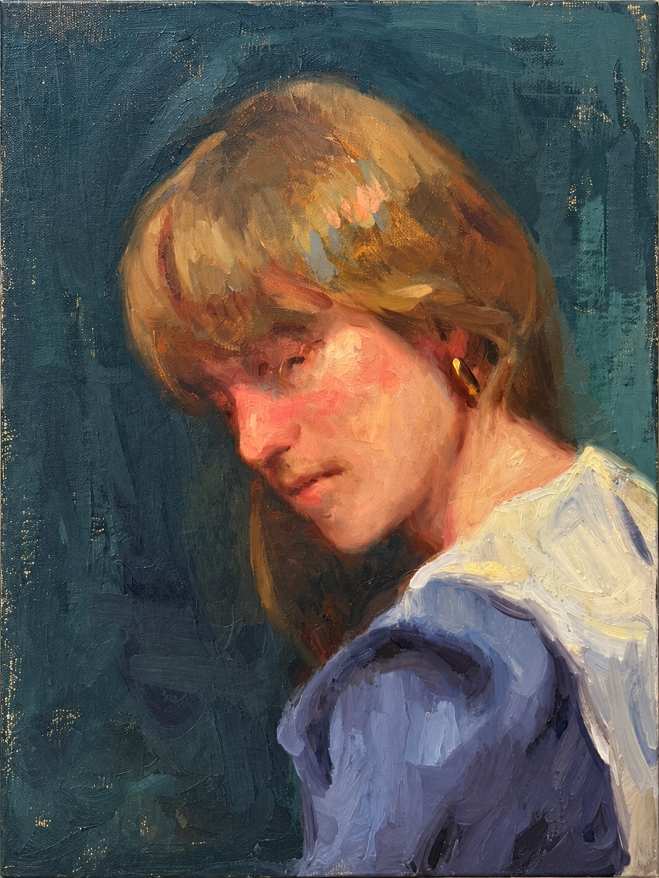 Fair-haired figure looking over a shoulder against a dark teal background