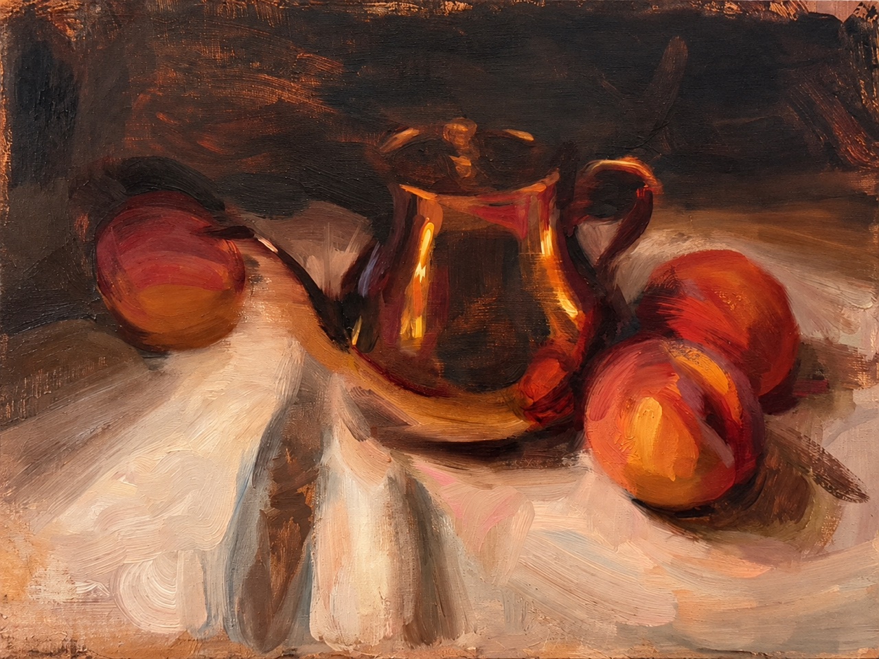 Still life painting of a copper pot and fruit on pale folded fabric