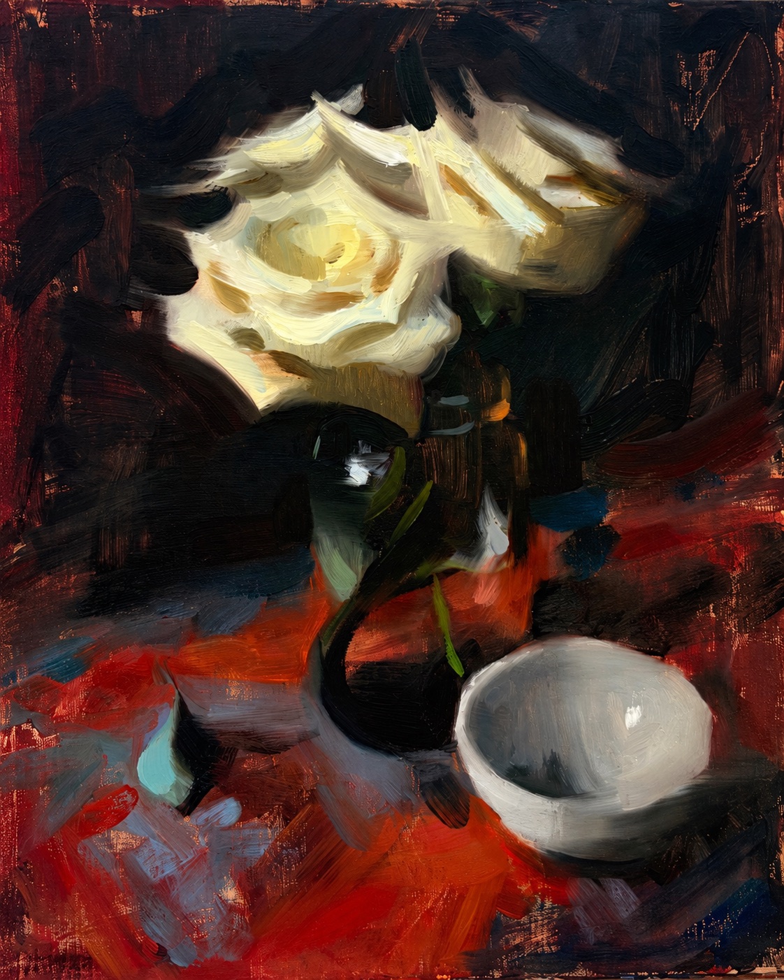 Painting of white flowers and a bowl
